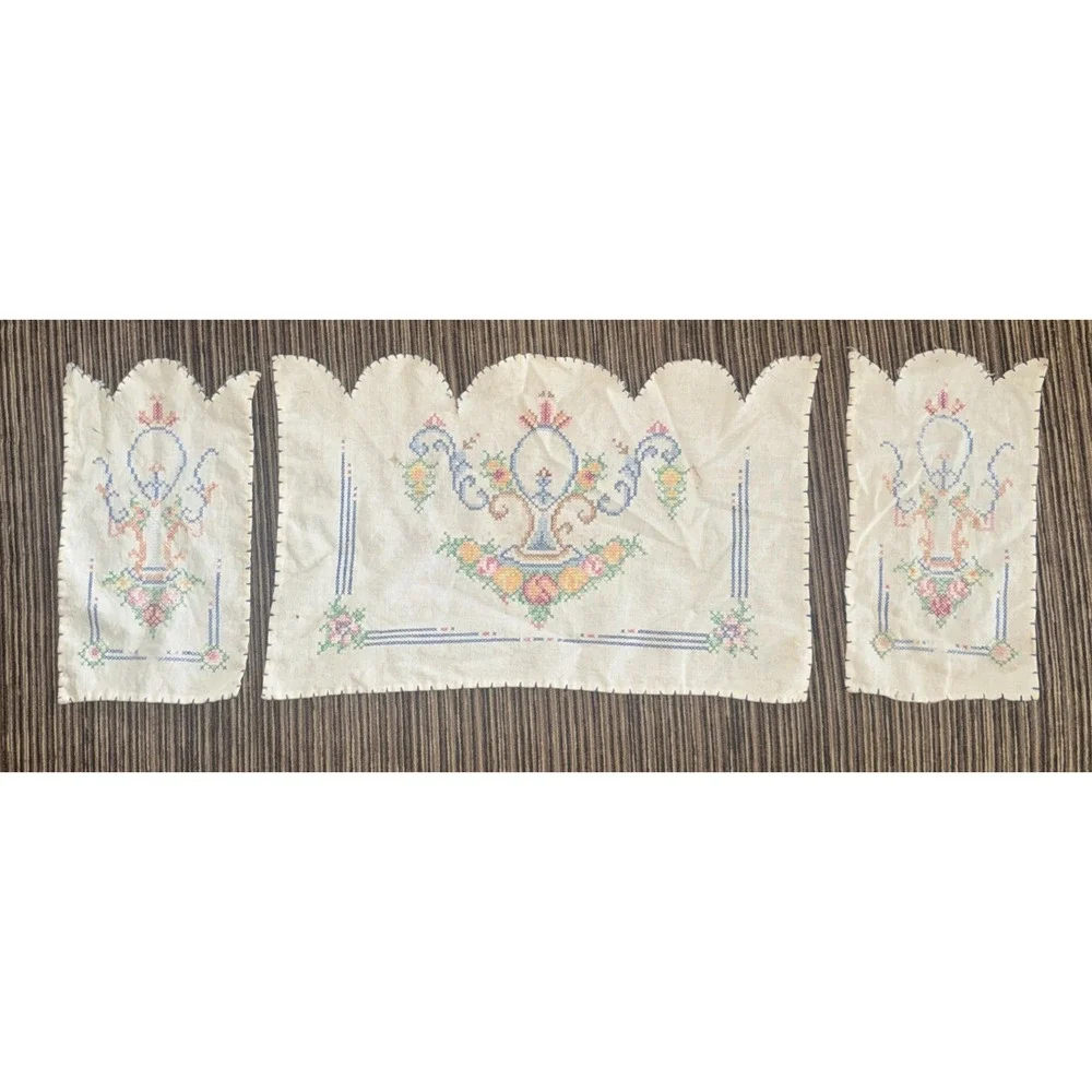 Handmade Cross-Stitch Linen Chair Back & Armrest Cover Set Vtg Scalloped Doilies